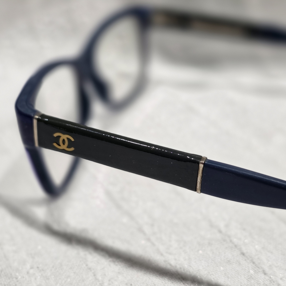 CHANEL Navy and Black Acetate Logo Glasses with Gold CC